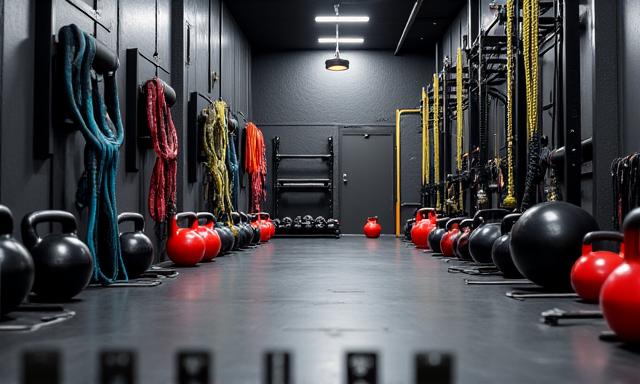 Zona de entrenamiento funcional con pesas rusas, balones medicinales y cuerdas