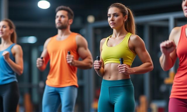Miembros del gimnasio realizando ejercicios en diferentes zonas con energía