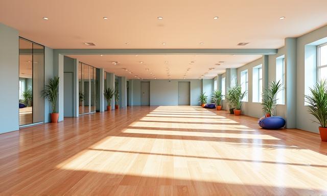 Sala de clases grupales grande y luminosa con espejos y suelo de madera