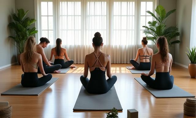 Clase de yoga o pilates en grupo en una sala tranquila y luminosa