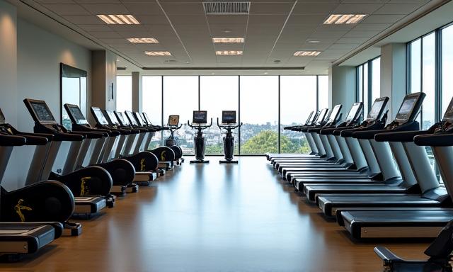 Variedad de máquinas de cardio, cintas de correr y elípticas, con vista panorámica